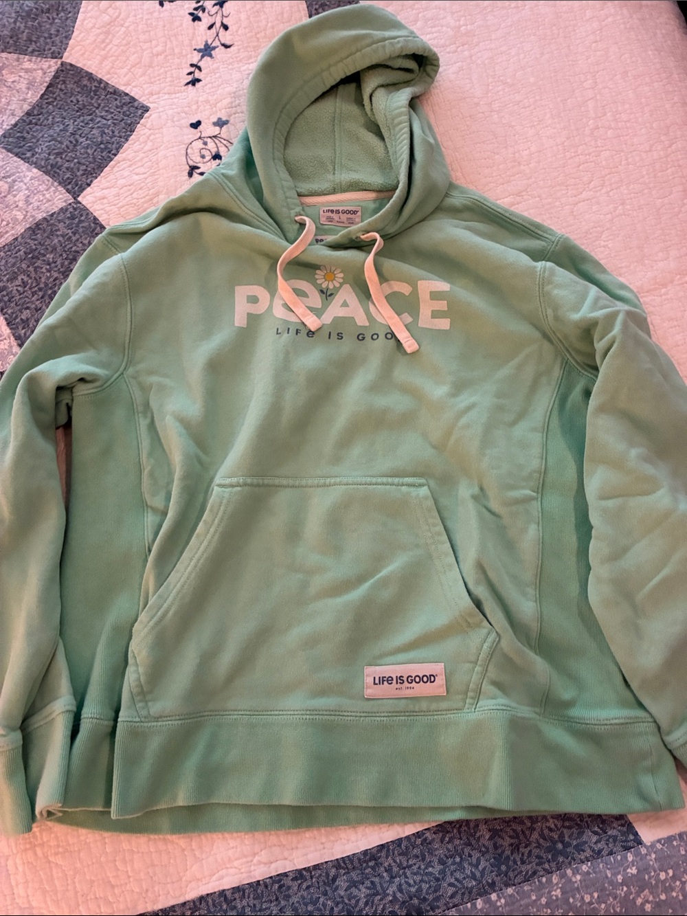 Life Is Good Men's Crewneck Hoodie in Mint Green with PEACE Graphic